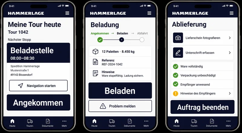 Drei Handy-Ansichten der Fahrer-App: Tour, Beladung und Ablieferung