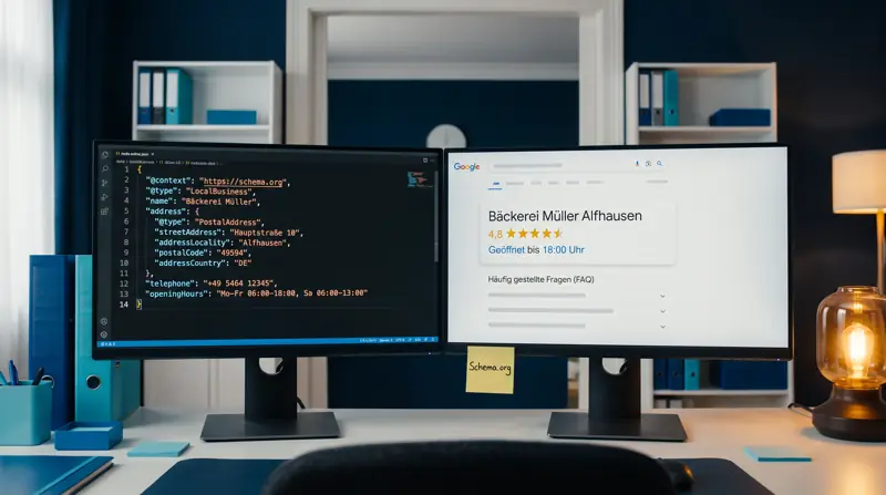 Zwei Monitore: strukturierte Daten als Code und das Suchergebnis einer Bäckerei