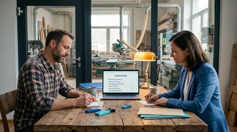 Handwerksmeister und Beraterin schreiben Kundenfragen auf, der Laptop zeigt eine FAQ-Seite