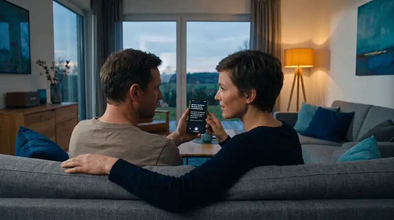 Paar auf dem Sofa fragt einen KI-Assistenten auf dem Handy nach einem Tischler