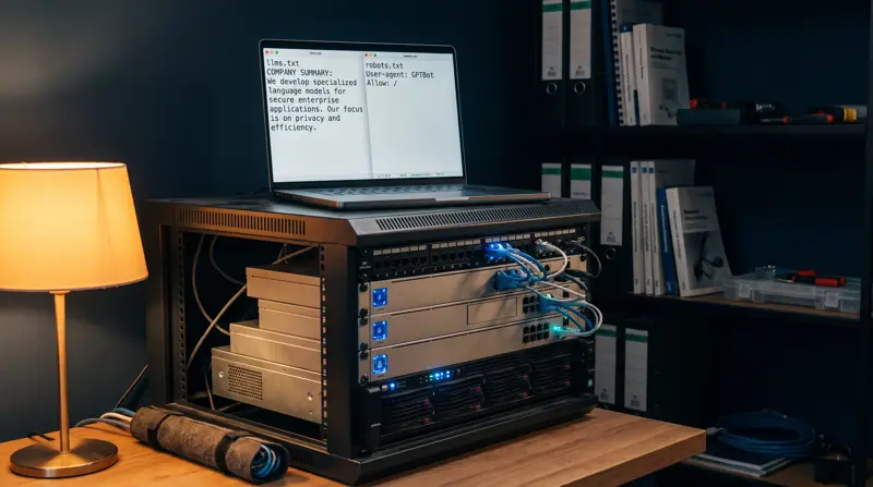 Laptop auf einem Serverschrank zeigt die Dateien llms.txt und robots.txt