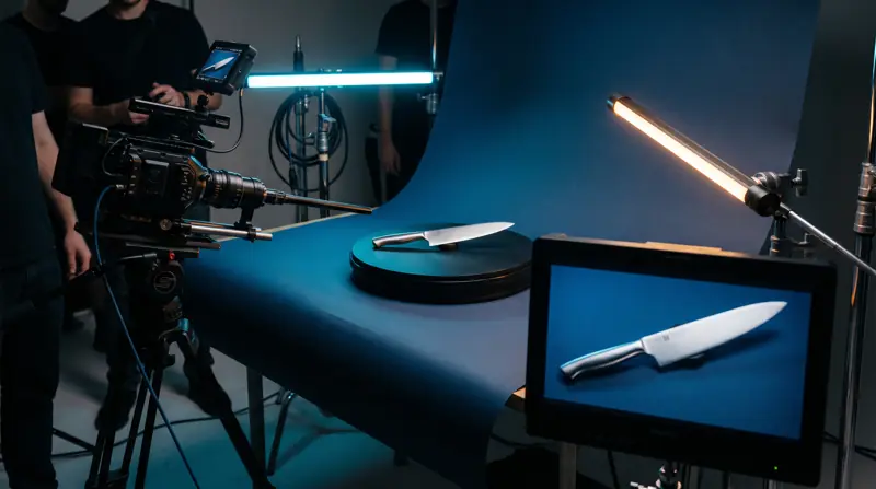 Produktdreh: Messer auf einem Drehteller vor blauem Hintergrund, Kamera mit Makro-Objektiv