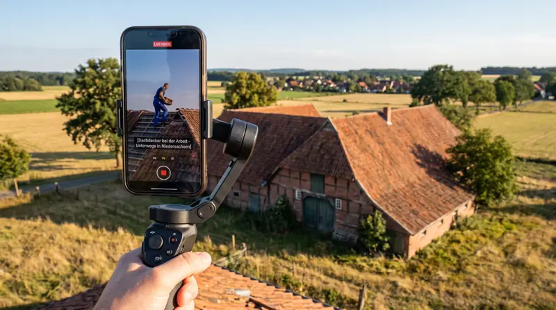 Smartphone am Gimbal filmt einen Dachdecker auf einem Bauernhaus