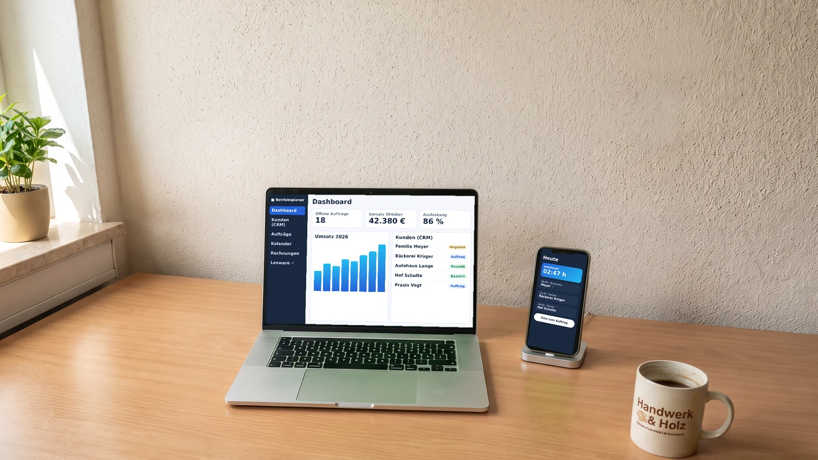 Derselbe Arbeitsplatz aufgeräumt: Laptop mit Dashboard und Kundenliste, daneben ein Handy mit der Tagesübersicht