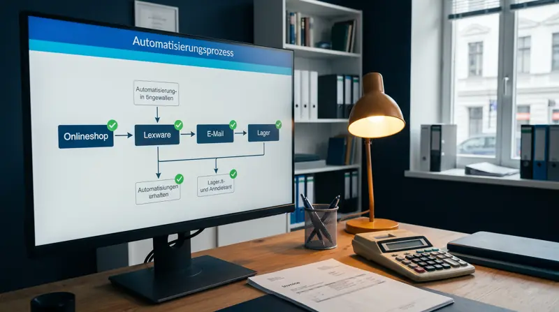 Monitor mit einem Ablauf von Onlineshop über Lexware und E-Mail bis zum Lager