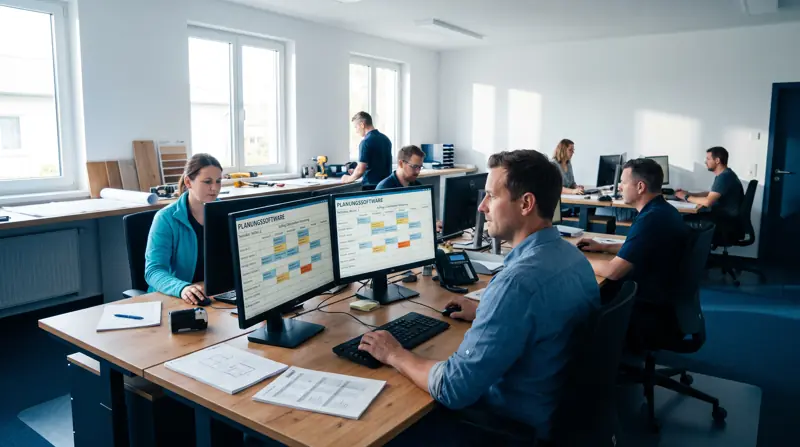 Büro eines Handwerksbetriebs, Mitarbeiter plant Einsätze in einer eigenen Planungssoftware