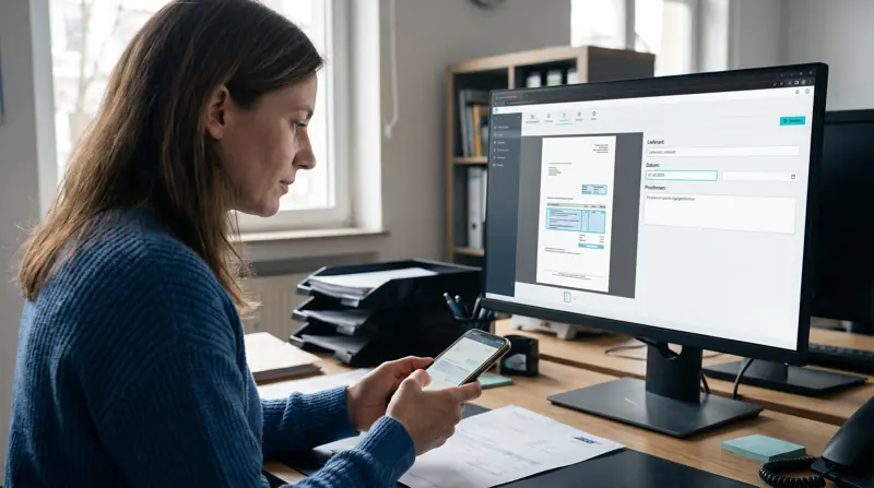 Mitarbeiterin fotografiert einen Lieferschein, die Software liest die Felder automatisch aus