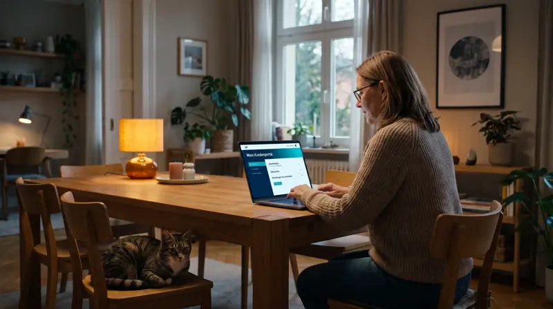 Kundin am Esstisch im Kundenportal mit Aufträgen und Rechnungen, daneben eine Katze