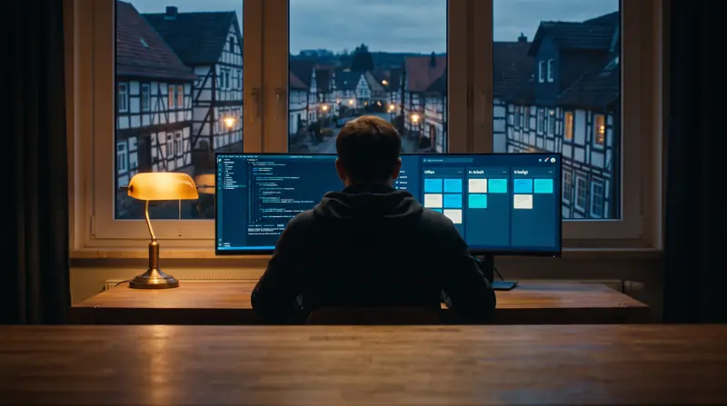 Entwickler am Abend vor Code und Aufgabenboard, draußen ein Fachwerkdorf