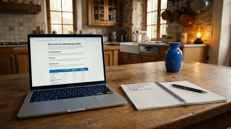 Laptop auf dem Küchentisch mit dem Ratgeber „Was kostet eine Wärmepumpe 2026?“