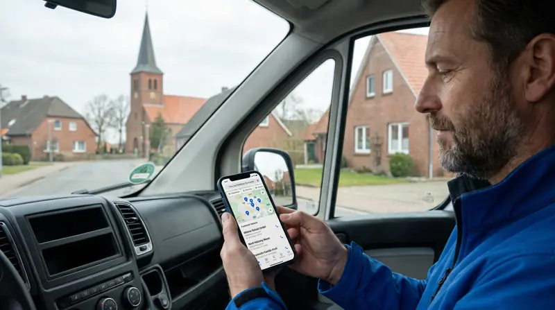 Handwerker im Transporter sucht auf dem Handy nach einem Notdienst in Bramsche
