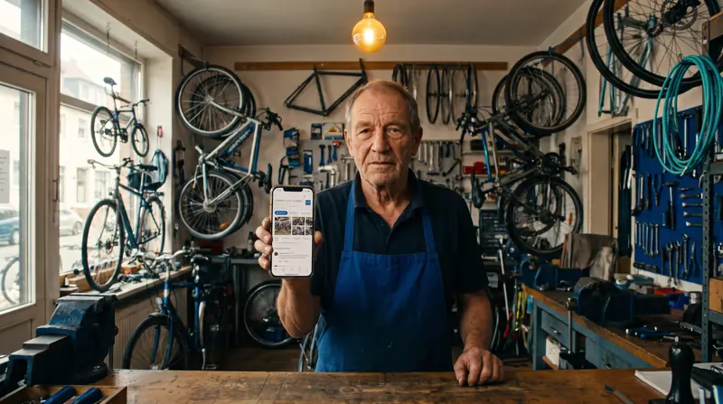 Fahrradhändler zeigt im Laden sein Unternehmensprofil mit 4,8 Sternen auf dem Handy