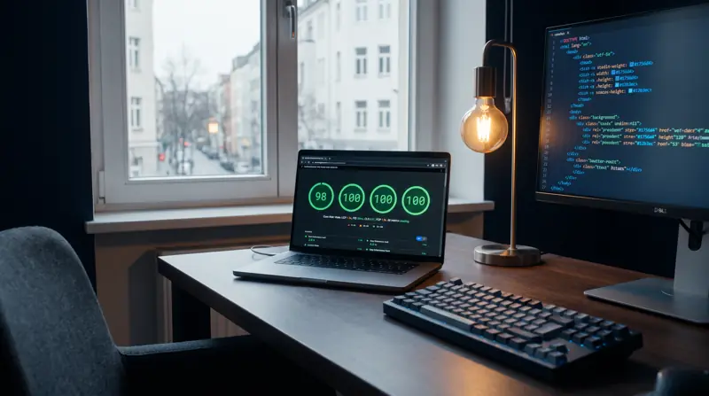 Laptop mit Leistungswerten 98 und 100 für eine Website, daneben Quellcode