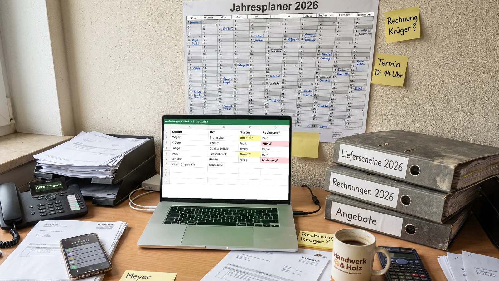 Überladener Büroarbeitsplatz: Laptop mit Excel-Liste, Papierstapel, Ordner, klingelndes Telefon, Klebezettel und voller Jahresplaner