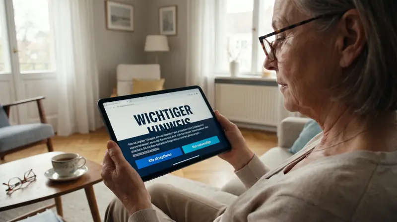 Ältere Frau liest auf dem Tablet eine Website mit großer Schrift und Cookie-Hinweis