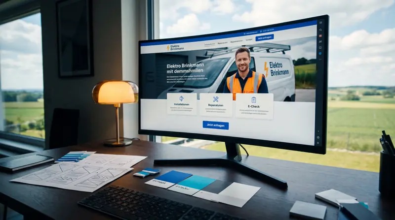 Monitor mit dem Entwurf einer Website für einen Elektrobetrieb, daneben Farbmuster und Skizzen