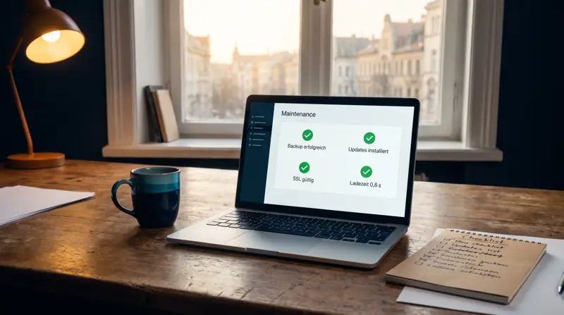 Laptop mit Wartungsübersicht: Backup, Updates und SSL mit grünen Haken
