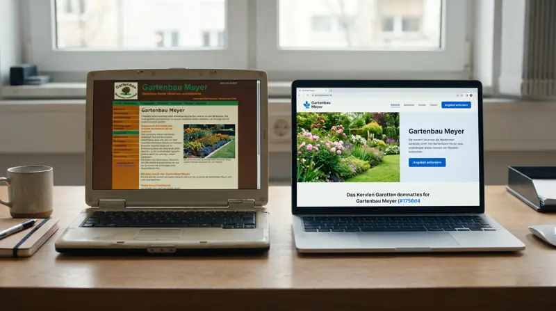 Alter Laptop mit veralteter Website neben neuem Laptop mit moderner Website desselben Betriebs